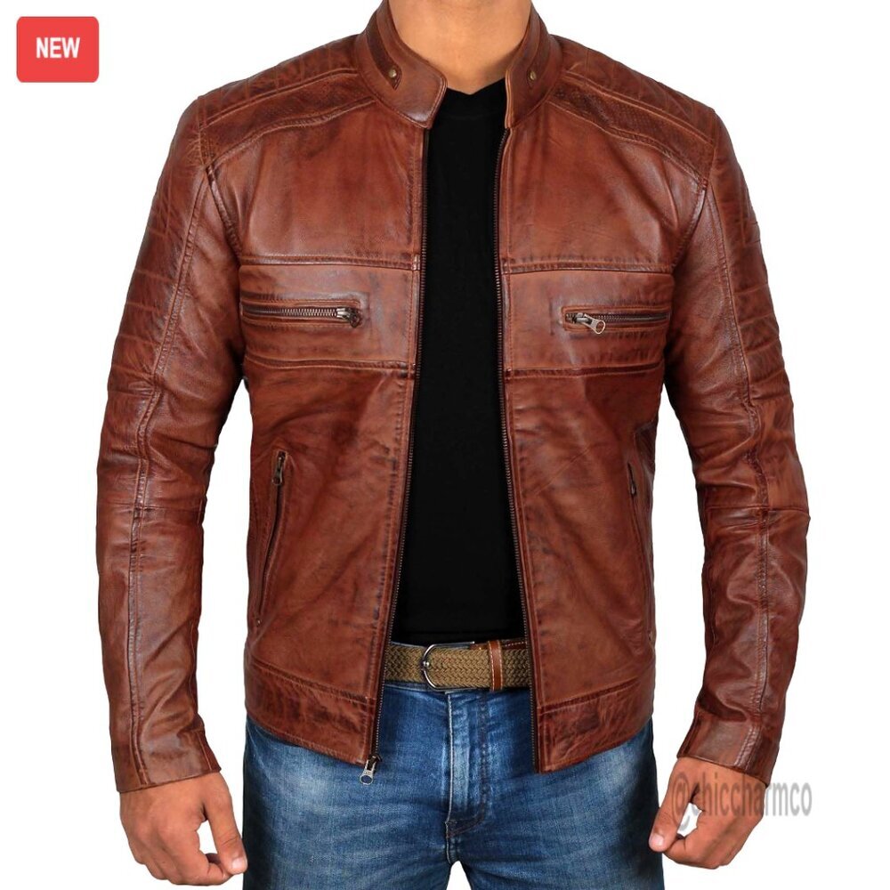 Real Lambskin Leather Jacket Cafe Racer Motorcycle Style